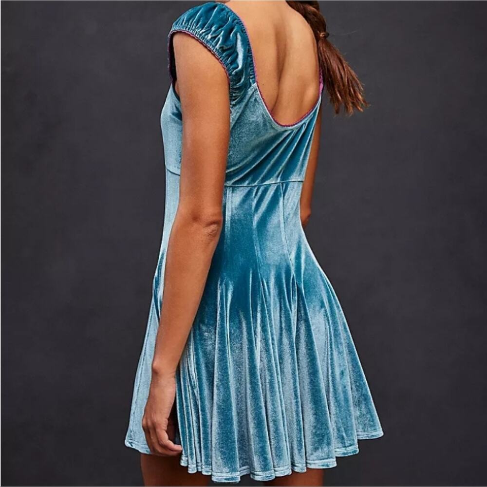 Free People Rose Marie Velvet Mini Dress Blue XS Fit & Flare Romantic Party - Picture 5 of 14